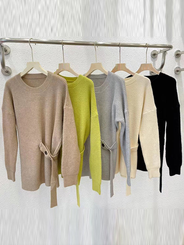 Chic Green Round-Neck Bandage Long Sleeve Knit Sweater AN1036 Genistyle Shop