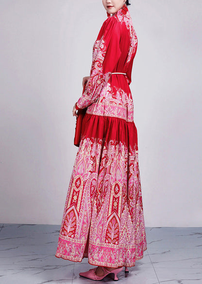 New Red Print Tie Waist Cotton Long Dresses Long Sleeve AR1035 JDML-240823