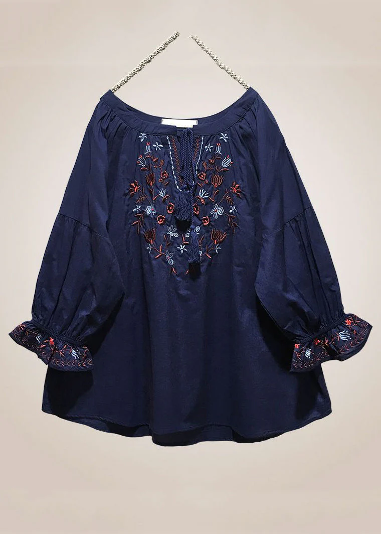Grace Red Embroidered Lace Up Cotton Shirt Long Sleeve QR025 GSK-240929