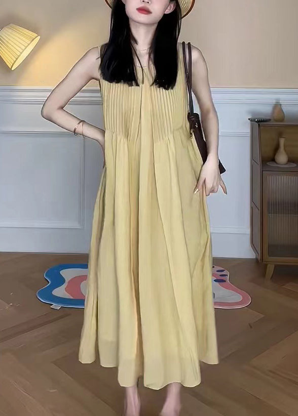 Elegant Yellow O Neck Pockets Cotton Long Dress Sleeveless TT1048 shopify