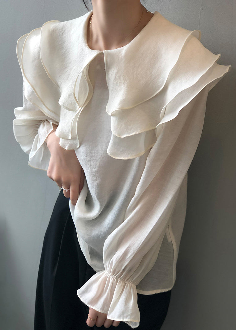White Patchwork Thin Cotton Shirt Ruffled Long Sleeve AF1028 HS-LTP240914