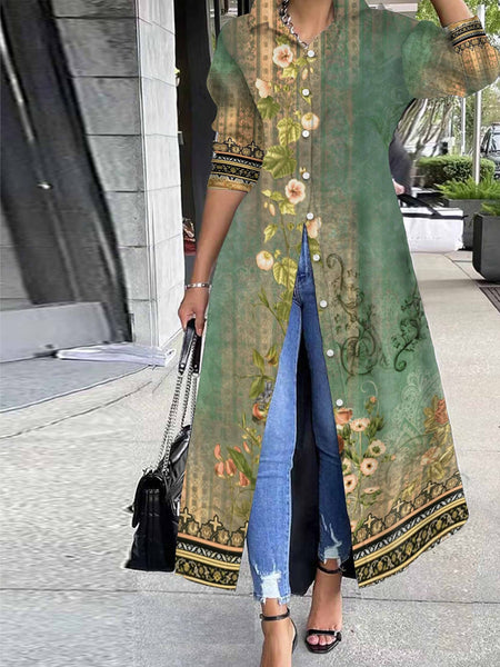 Elegant Floral Print Tunic - Long Sleeve Button Front Top, Durable & Stretch Fabric, Perfect for Any Season Furdela