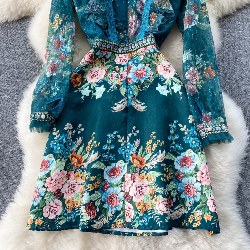 French Green High Neck Lace Stitching Beaded Floral Print Long Sleeve Dress AR1014 shopify