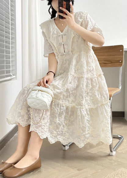 Elegant White V Neck Button Ruffled Cotton Dress Summer NN040 shopify