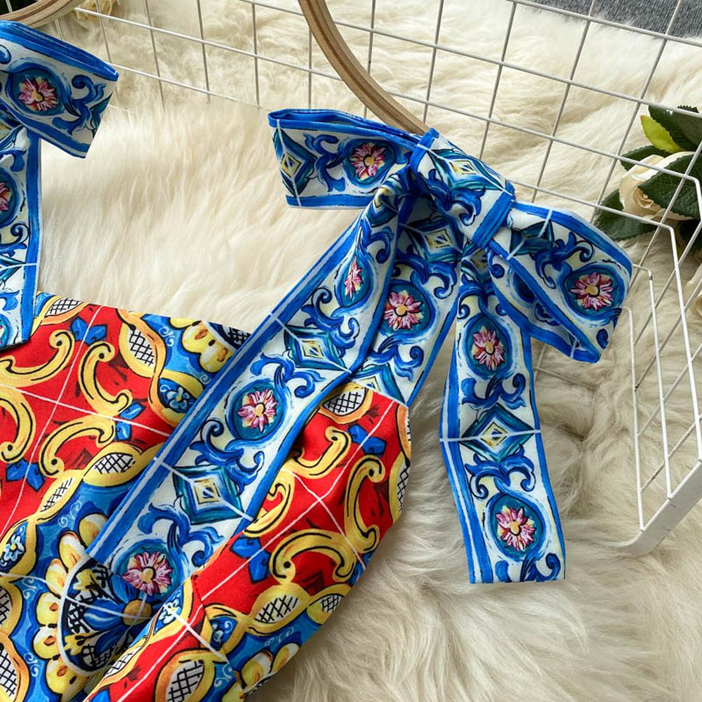 Retro Blue Square Neck Contrast Color Print Bow Decor Strap Ruffled Hem Dress AR1024 shopify