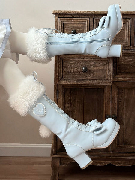 Blue in Plush Knee-Highs Mid-heel Cuff PU with FashionChic