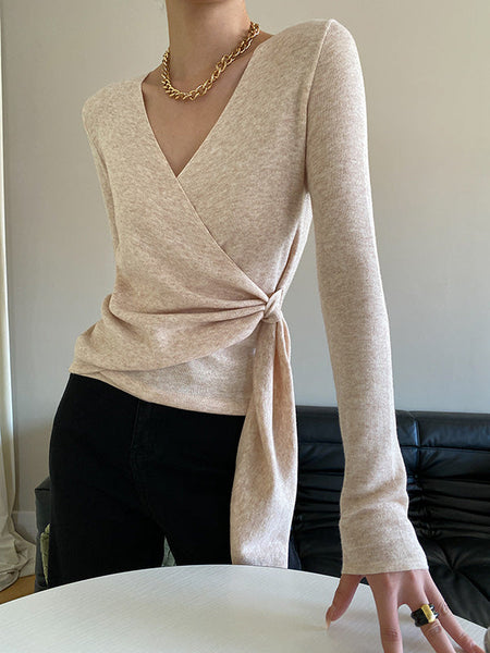 French Apricot V-Neck Asymmetric Lace-up Long Sleeves Sweater QX015 shopify