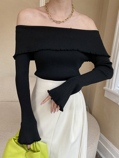 French Black Off-shoulder Long Sleeve Knit Top AN1069 Genistyle Shop