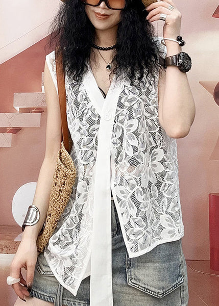 Novelty Black Button Hollow Out Lace Tank Sleeveless QP002 OL-VTP241001