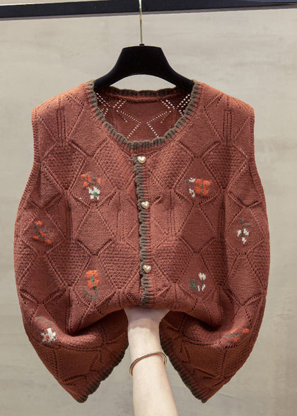 Unique Beige O-Neck Embroidered Floral Cotton Knit Waistcoat Fall QP013 OL-NTP241001