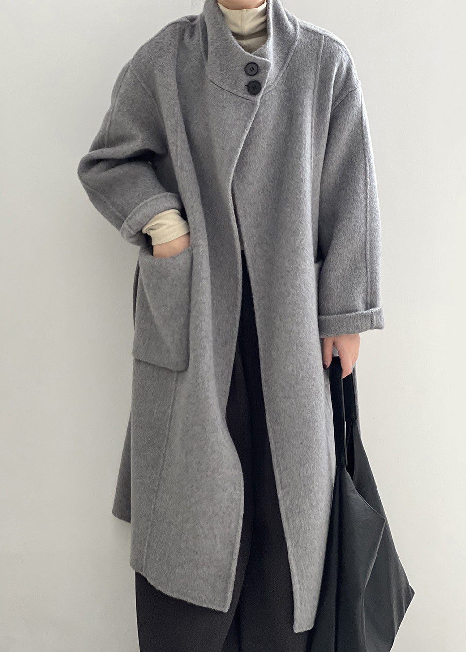 Italian Grey Stand Collar Pockets Tie Waist Woolen Coat Fall AF1099 HS-CTS240914