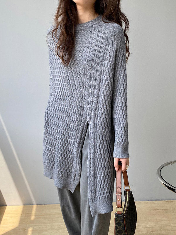 Retro Oatmeal Round-Neck Split-Side Long Sleeve Twist Knit Sweater AN1045 Genistyle Shop