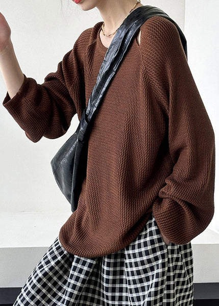 Women Brown O Neck Hollow Out Knit Sweaters Fall AF1051 HS-NTP240914