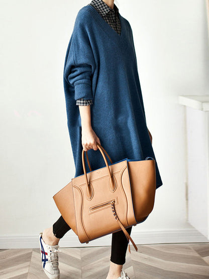 Stylish Loose Camel V-Neck Long Sleeve Sweater Dress QX006 shopify