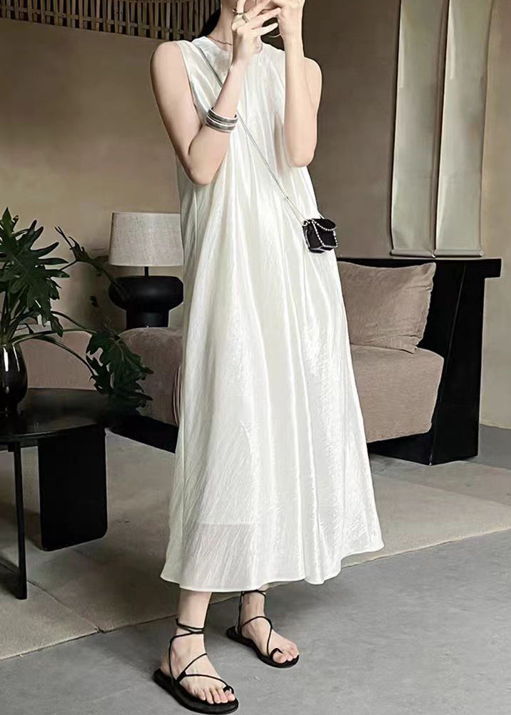 French Apricot O-Neck Solid Silk Long Dress Sleeveless EE036 shopify
