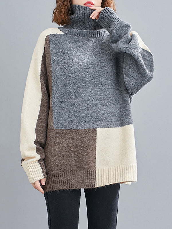 Stylish Grey High-Neck Color-block Long Sleeve Knit Sweater AN1043 Genistyle Shop