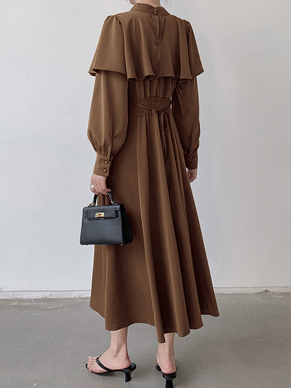 Ruffle Waist Long Mock Tied A-Line Elegant Trim Neck Coffee FashionChic