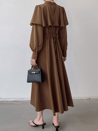 Ruffle Waist Long Mock Tied A-Line Elegant Trim Neck Coffee FashionChic