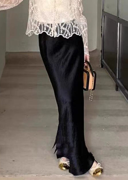 Boutique Black Side Open Solid High Waist Silk Maxi Skirts Fall QP060 OL-SKTS241001