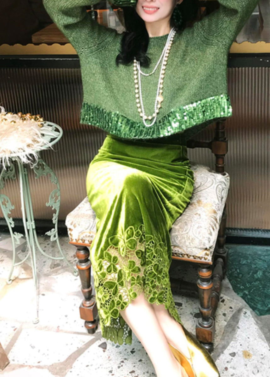 Fashion Green Hollow Out Cotton Knit Sweaters And Maxi Skirts Two Piece Set Winter WV002 ABC