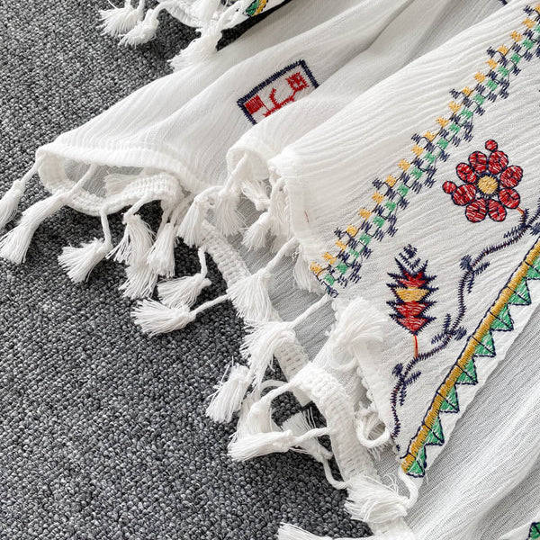 Bohemian White Embroidered Three-quarter sleeves Splicing Tassel Cardigan AR1023 shopify