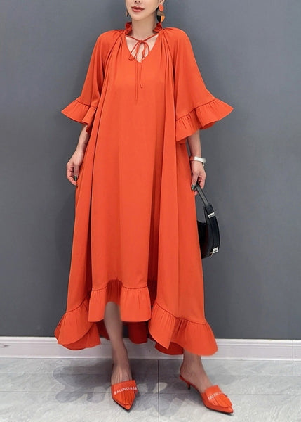 Art Orange V Neck Vacation Long Dresses Flare Sleeve AO1046 JDML-FDL240909
