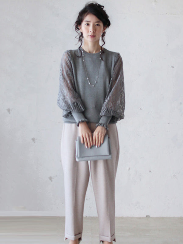 Tempermant Black Round-Neck Patchwork Hollow Lace Long Puff Sleeves Sweater QX011 shopify