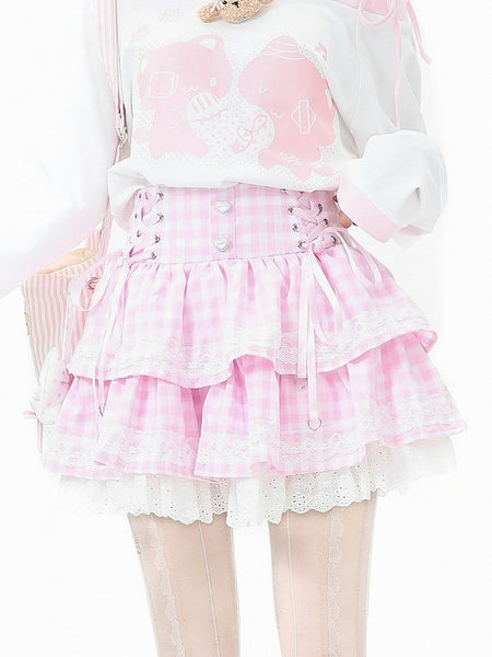 Plaid Daily Skirt Kawaii Tiered Black/Pink/Blue Pattern in with FashionChic