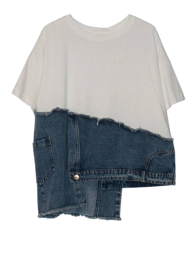 Denim Street Patchwork Sleeve White Short T-Shirt O-neck Hem FashionChic