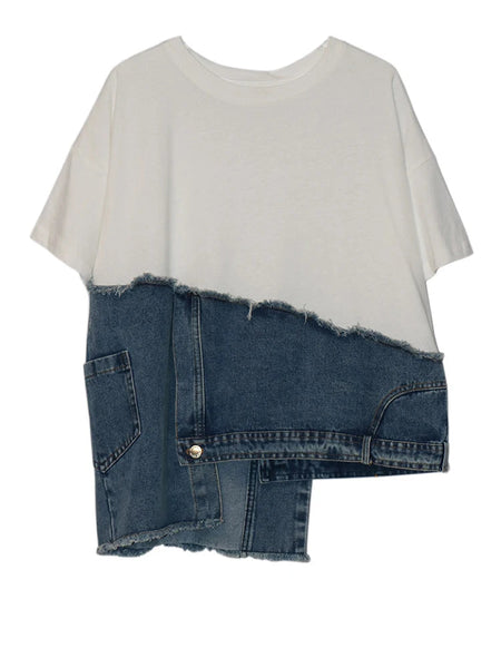 Denim Street Patchwork Sleeve White Short T-Shirt O-neck Hem FashionChic