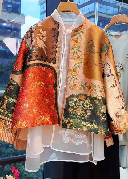 Chinese Style Yellow O-Neck Print Silk Coats Spring TW026 ABC