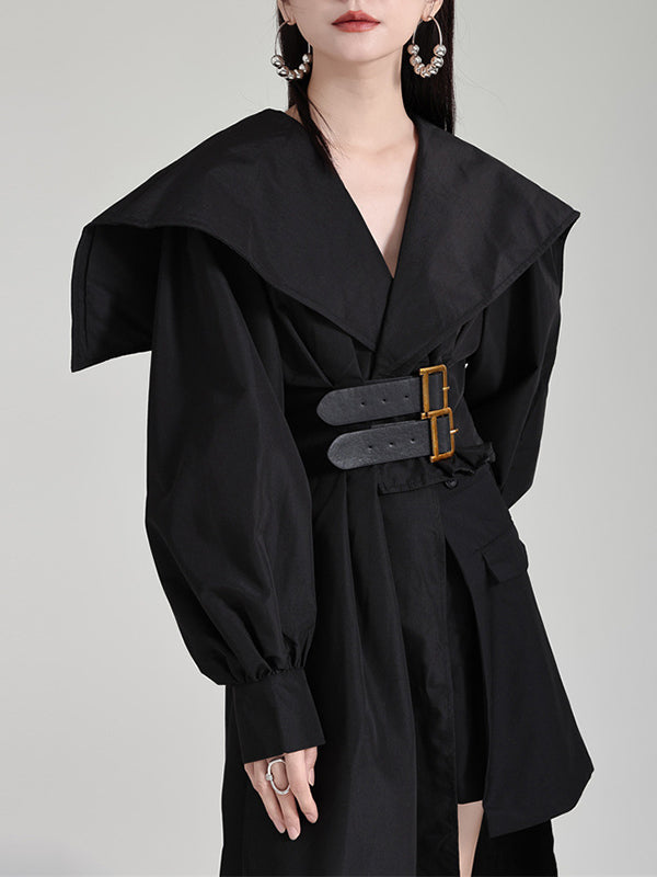 Pleated Black Asymmetric Lapel Waisted Long High Modern Belted FashionChic