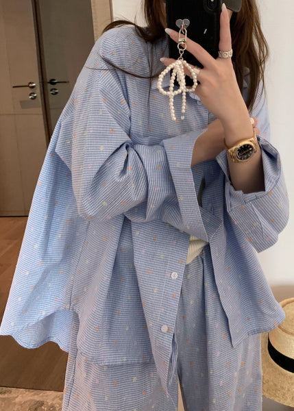 Urban Blue Plaid Stand Collar Button Cotton Blouses Spring NN019 shopify