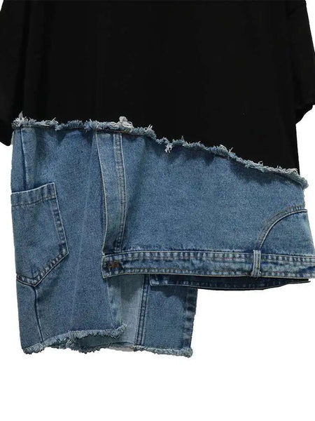 Denim Street Patchwork Sleeve White Short T-Shirt O-neck Hem FashionChic