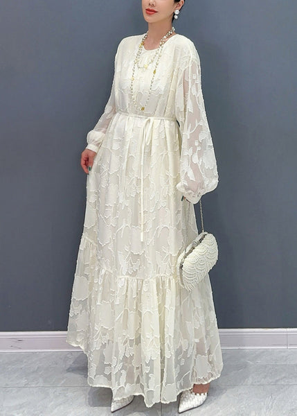 Loose White O Neck Print Tie Waist Maxi Dresses Fall AR1036 JDML-240823