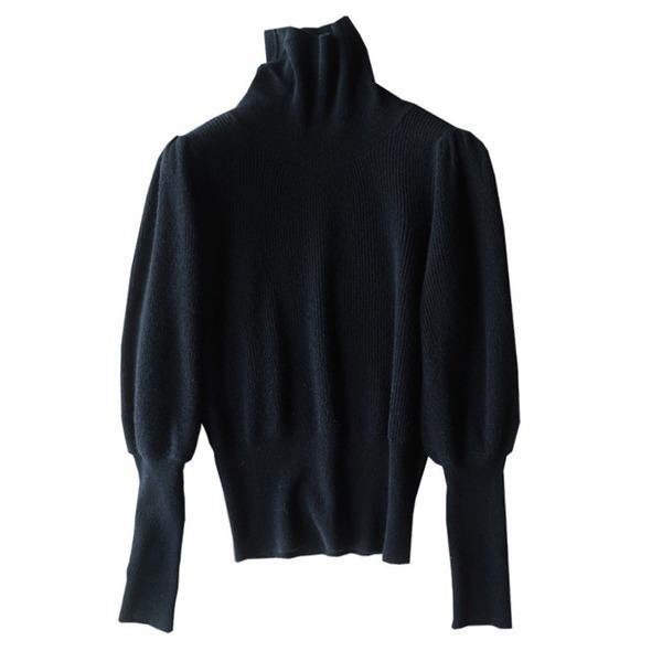 Elegant Black Turtleneck Long Puff Sleeve Knit Sweater TW001 ABC