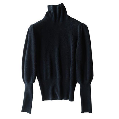 Elegant Black Turtleneck Long Puff Sleeve Knit Sweater TW001 ABC