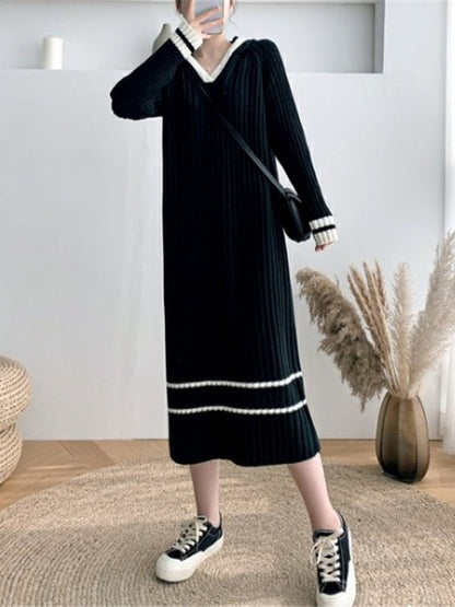 Urban Coffee Hooded V-Neck Long Sleeve Striped Knit Dress AN1051 Genistyle Shop