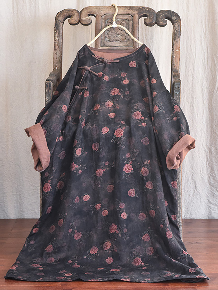 Plus Size Floral Autumn Vintage Linen Women Loose Dress AI1082 QYMM