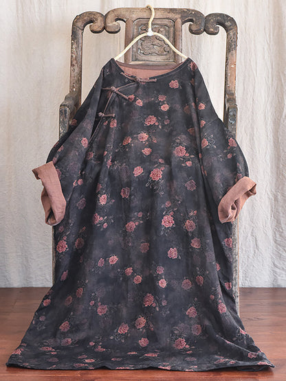Plus Size Floral Autumn Vintage Linen Women Loose Dress AI1082 QYMM