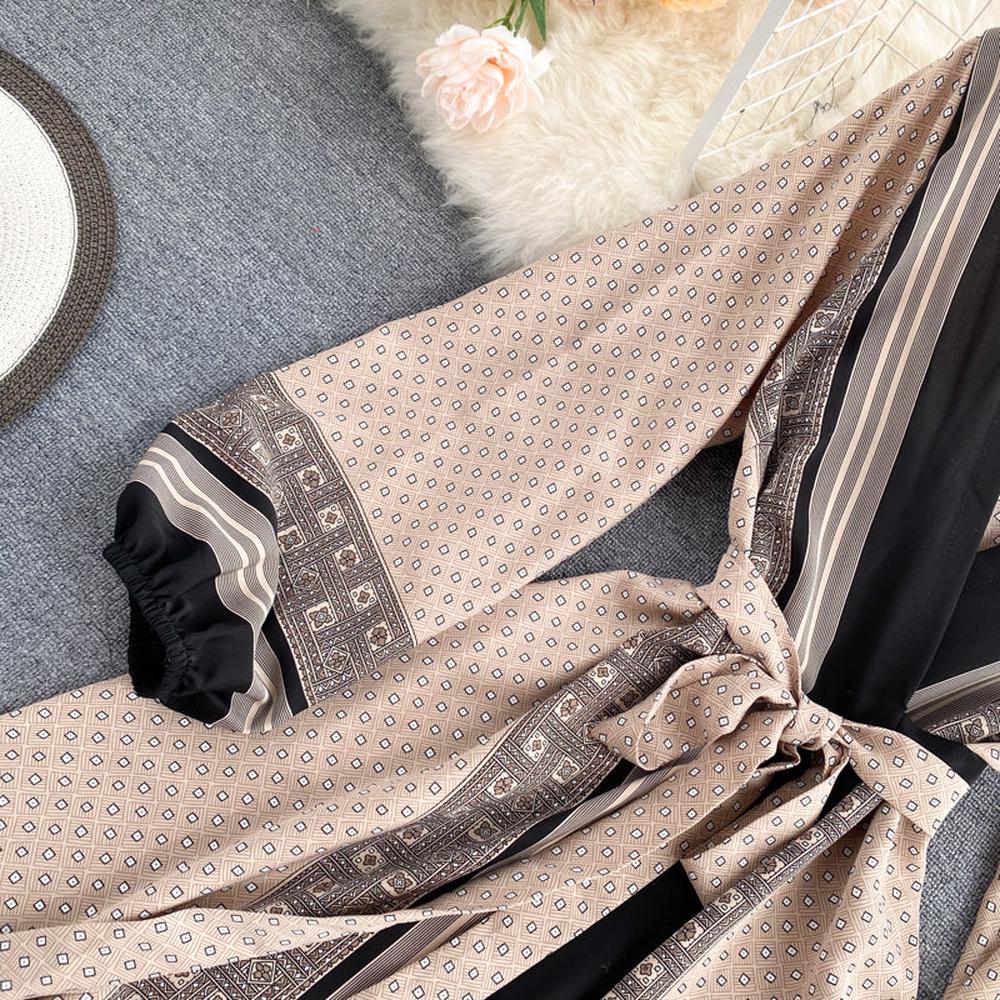 Vintage Brown V-neck Tie Waist Printed Long Puff Sleeve Dress AR1003 shopify