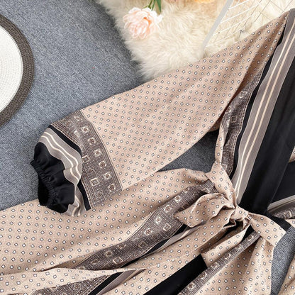 Vintage Brown V-neck Tie Waist Printed Long Puff Sleeve Dress AR1003 shopify