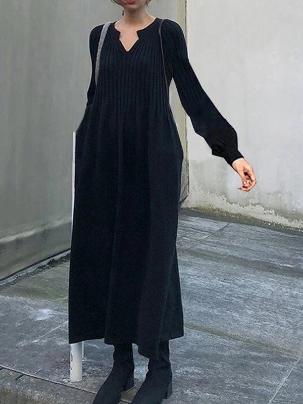 Causal Loose Grey V-Neck Pleated Long Puff Sleeve Knit Dress AN1038 Genistyle Shop