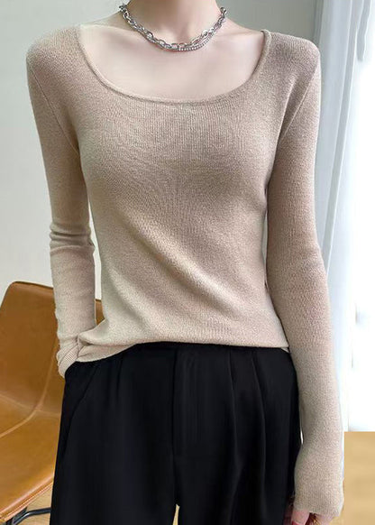 Slim Fit Light Camel O Neck Solid Wool Knit Top Fall QX026 shopify