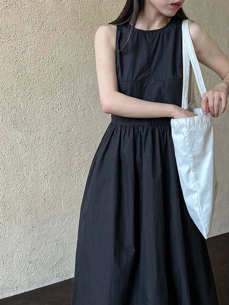 Patchwork O-neck Dress Simple Sleeveless Blue Puff Hem FashionChic