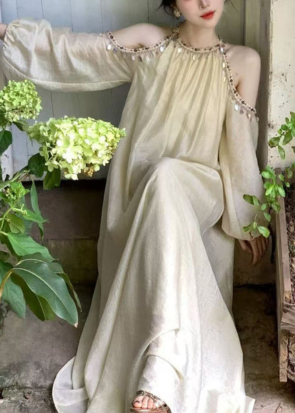 Apricot Bohemian Lantern Silk Cold Sleeve Shoulder Sequins Long FashionChic