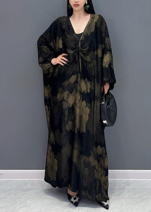 Plus Size Black V Neck Print Holiday Maxi Dress Long Sleeve AO1068 JDML-FDL240909