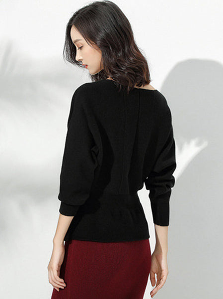 Elegant Red Boat Neck Tunic Ruffled Hem Long Sleeve Sweater AN1040 Genistyle Shop