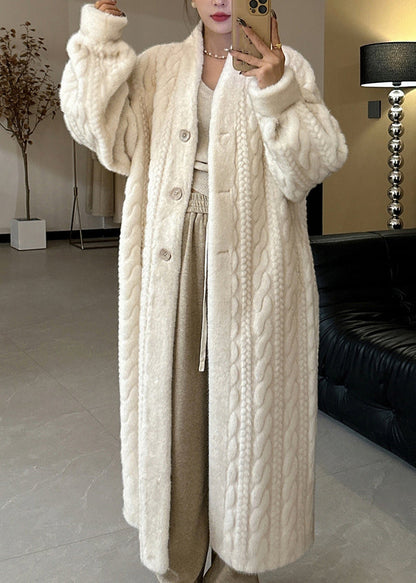 Casual Beige V Neck Button Mink Hair Leather And Fur Long Coats Winter WV022 ABC