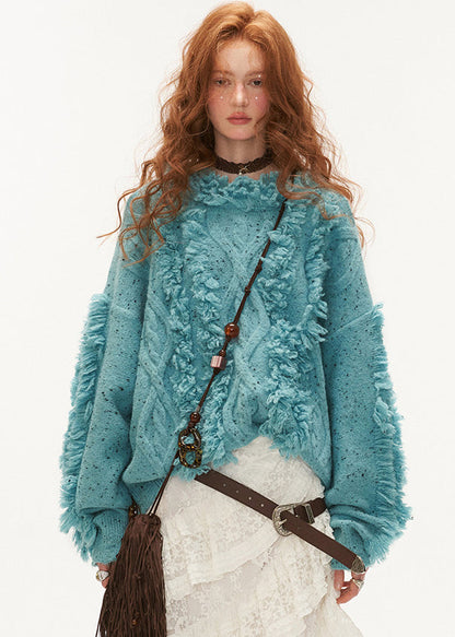 Women Blue Cold Shoulder Tassel Thick Cotton Knit Sweaters Winter QX003 shopify